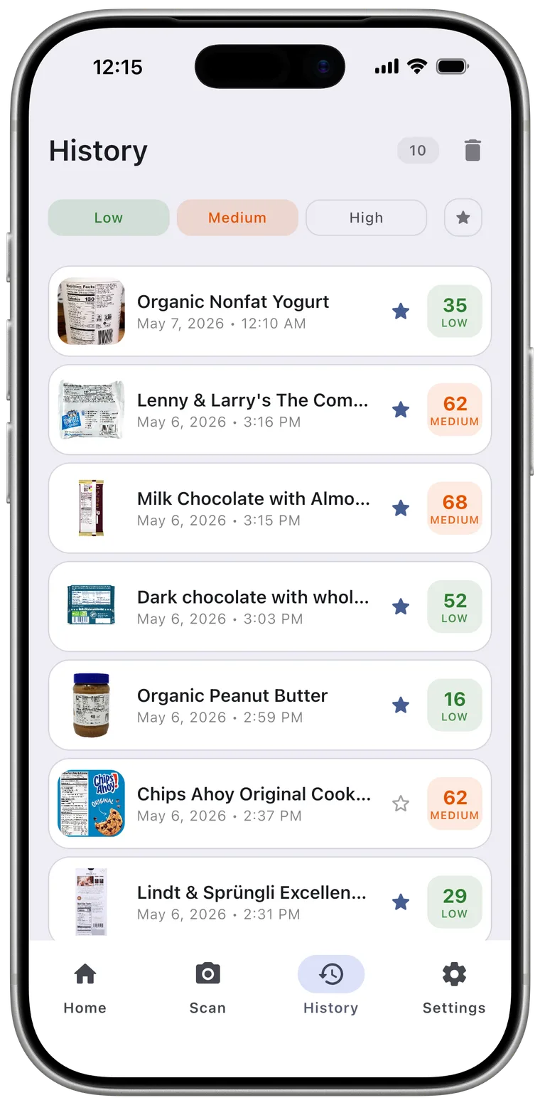 FoodCheck history list of scanned foods with their GI scores
