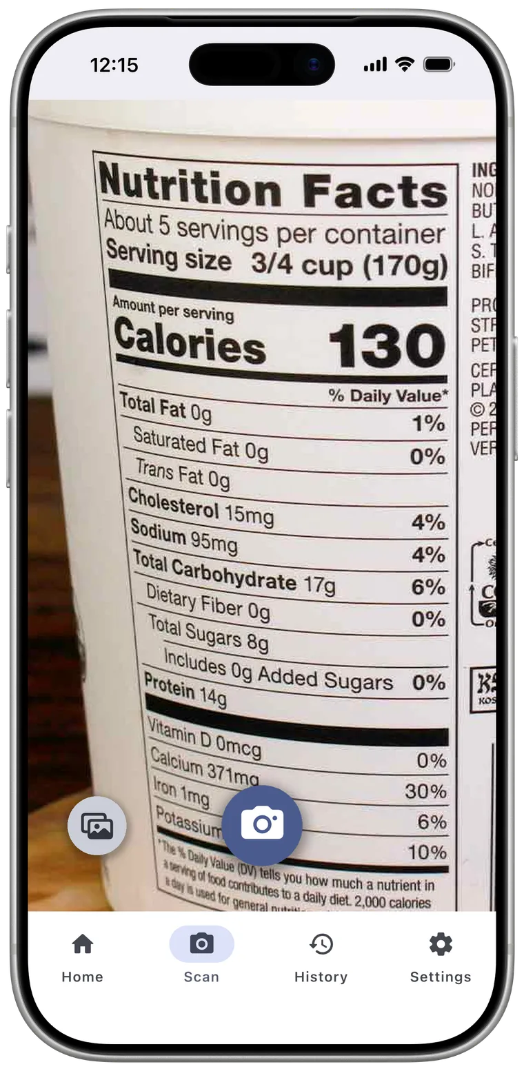 Scanning a Nutrition Facts label in the FoodCheck app